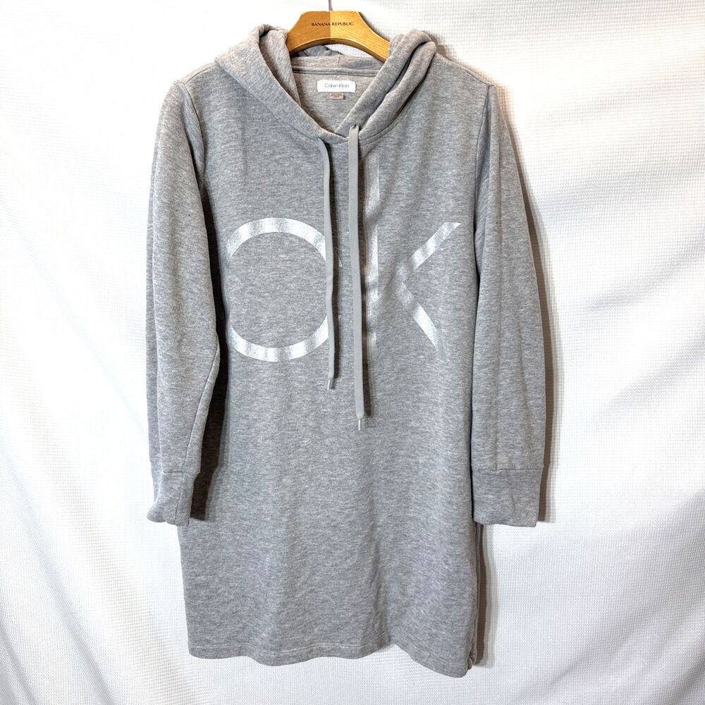 Calvin  Klein Metallic Monogram Logo Sweatshirt Dress , Gray Heather - L